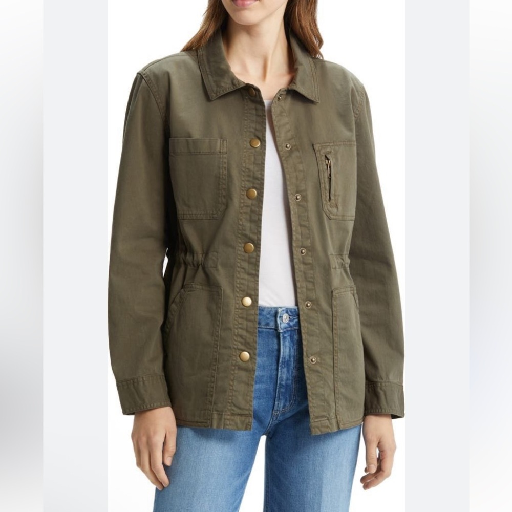 Caslon Khaki Green Utility Jacket with pull waist and snap front medium